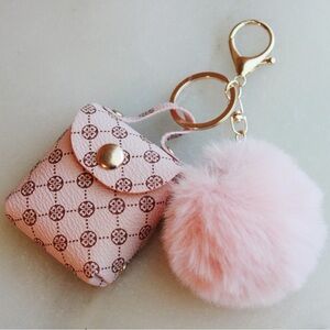 Pom Pom Mini Bag Charm & Lip Balm Gold Keychain Pink with Brown Floral Pattern